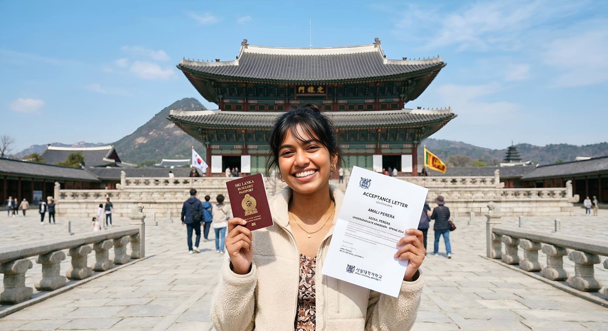 A student celebrating a university acceptance abroad